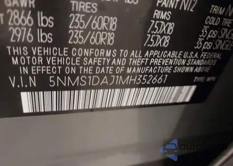 2021 Hyundai Santa Fe Se z USA, uszkodzony, nr VIN 5NMS1DAJ1MH352661